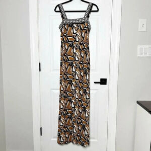CATO Size S Abstract Brown Black Floral Shift Maxi Dress‎ Square Neckline